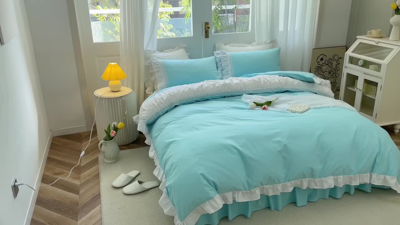 91家纺网 家纺一手货源 找家纺 淑女公社 2022新款全棉少女心事系列四件套 海洋蓝