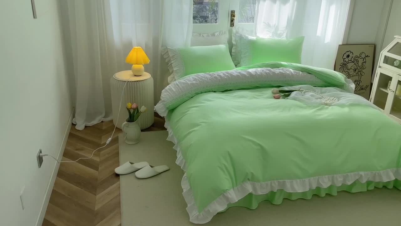 91家纺网 家纺一手货源 找家纺 淑女公社 2022新款全棉少女心事系列四件套 春天绿