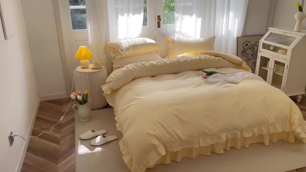 91家纺网 家纺一手货源 找家纺 淑女公社 2022新款全棉少女心事系列四件套 奶油黄