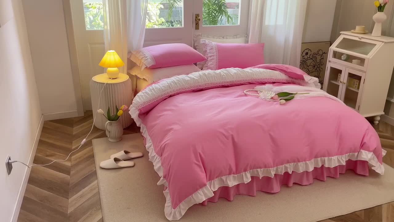 91家纺网 家纺一手货源 找家纺 淑女公社 2022新款全棉少女心事系列四件套 初恋粉