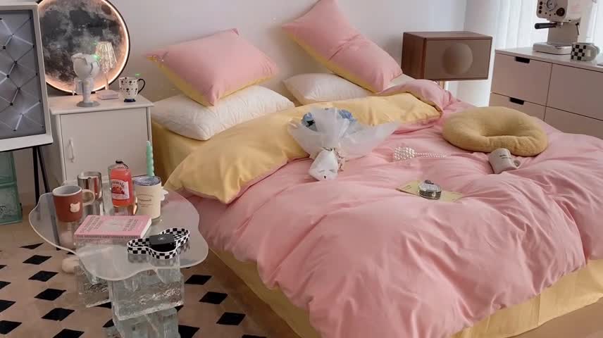 91家纺网 家纺一手货源 找家纺 昔可家纺 2021新款双拼加厚磨毛四件套 奶油粉双拼