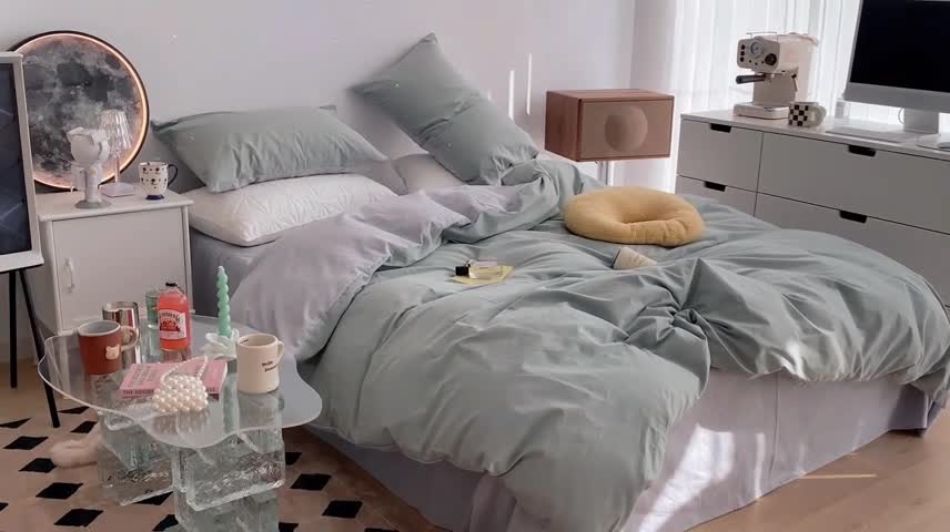 91家纺网 家纺一手货源 找家纺 昔可家纺 2021新款双拼加厚磨毛四件套 抹茶绿双拼