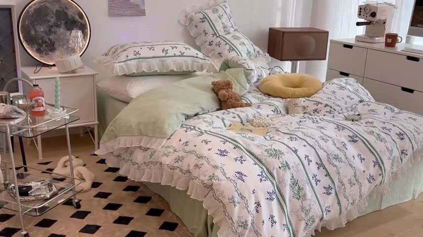 91家纺网 家纺一手货源 找家纺 昔可家纺 2022新款13372全棉百褶花边四件套 仙仙蕾丝花