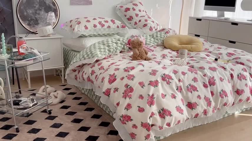 91家纺网 家纺一手货源 找家纺 昔可家纺 2022新款13372全棉百褶花边四件套 粉荔枝小姐