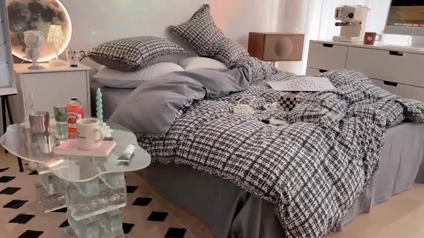 91家纺网 家纺一手货源 找家纺 昔可家纺 2022新款13372全棉香香风流苏边四件套 香香黑流苏