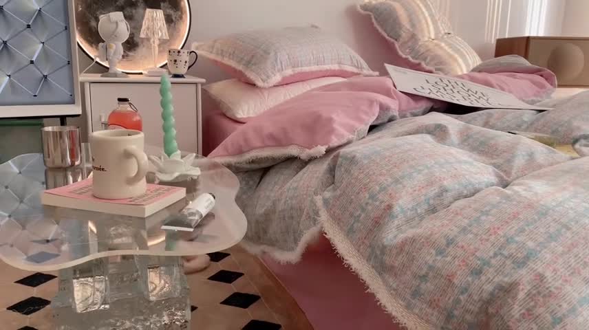 91家纺网 家纺一手货源 找家纺 昔可家纺 2022新款13372全棉香香风流苏边四件套 香香粉兰流苏