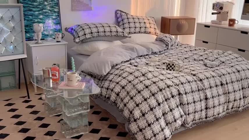 91家纺网 家纺一手货源 找家纺 昔可家纺 2022新款13372全棉香香风流苏边四件套 香香白格流苏