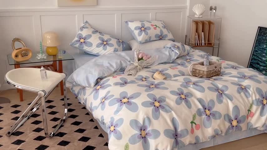 91家纺网 家纺一手货源 找家纺 昔可家纺 2022新款13372全棉普通款花花系列四件套 油画樱桃花 蓝