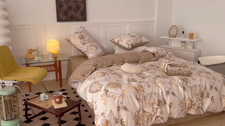 91家纺网 家纺一手货源 找家纺 昔可家纺 2022新款13372全棉普通款花花系列四件套 复古咖花