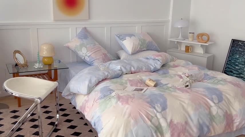 91家纺网 家纺一手货源 找家纺 昔可家纺 2022新款13372全棉普通款简约ins四件套 晕染马卡龙色