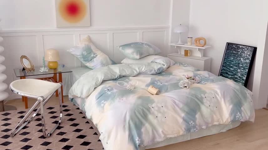 91家纺网 家纺一手货源 找家纺 昔可家纺 2022新款13372全棉普通款简约ins四件套 晕染绿