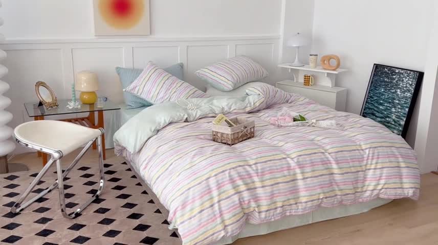 91家纺网 家纺一手货源 找家纺 昔可家纺 2022新款13372全棉普通款简约ins四件套 小小彩虹条