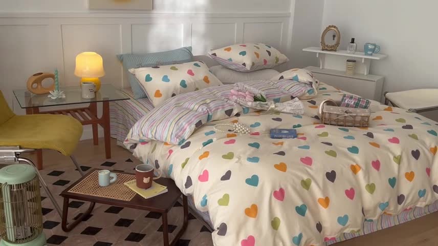 91家纺网 家纺一手货源 找家纺 昔可家纺 2022新款13372全棉普通款简约ins四件套 彩色心