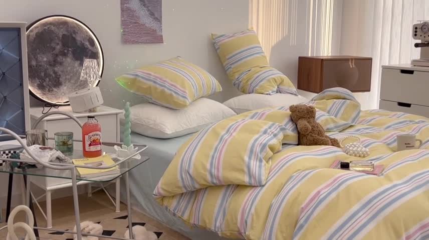 91家纺网 家纺一手货源 找家纺 昔可家纺 2022新款13372全棉普通款玛卡龙条纹四件套 芝士黄条纹