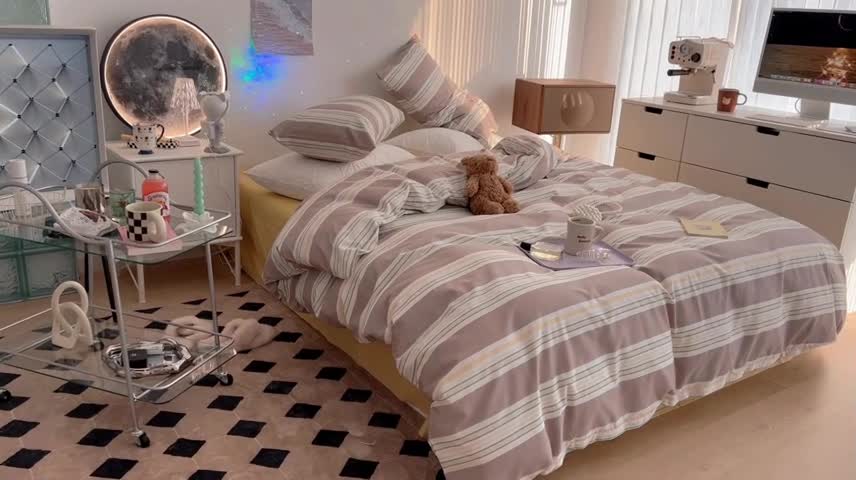 91家纺网 家纺一手货源 找家纺 昔可家纺 2022新款13372全棉普通款玛卡龙条纹四件套 浅驼条纹