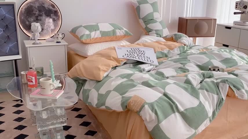 91家纺网 家纺一手货源 找家纺 昔可家纺 2022新款13372全棉普通款异形棋盘格四件套 异形棋盘绿