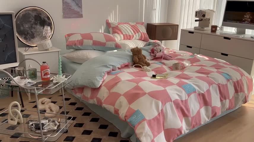 91家纺网 家纺一手货源 找家纺 总昔可家纺 2022新款13372全棉普通款异形棋盘格四件套