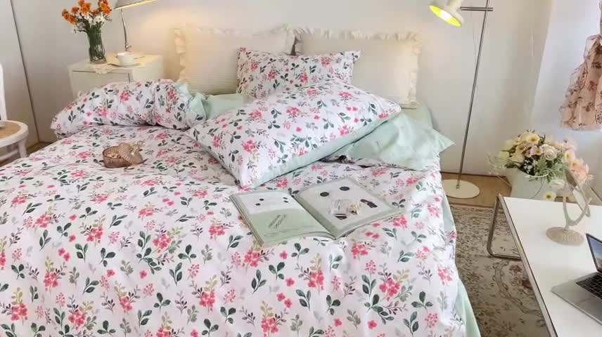 91家纺网 家纺一手货源 找家纺 沐棉家居 2022新款全棉13370印花四件套直播爆款 盈盈花语