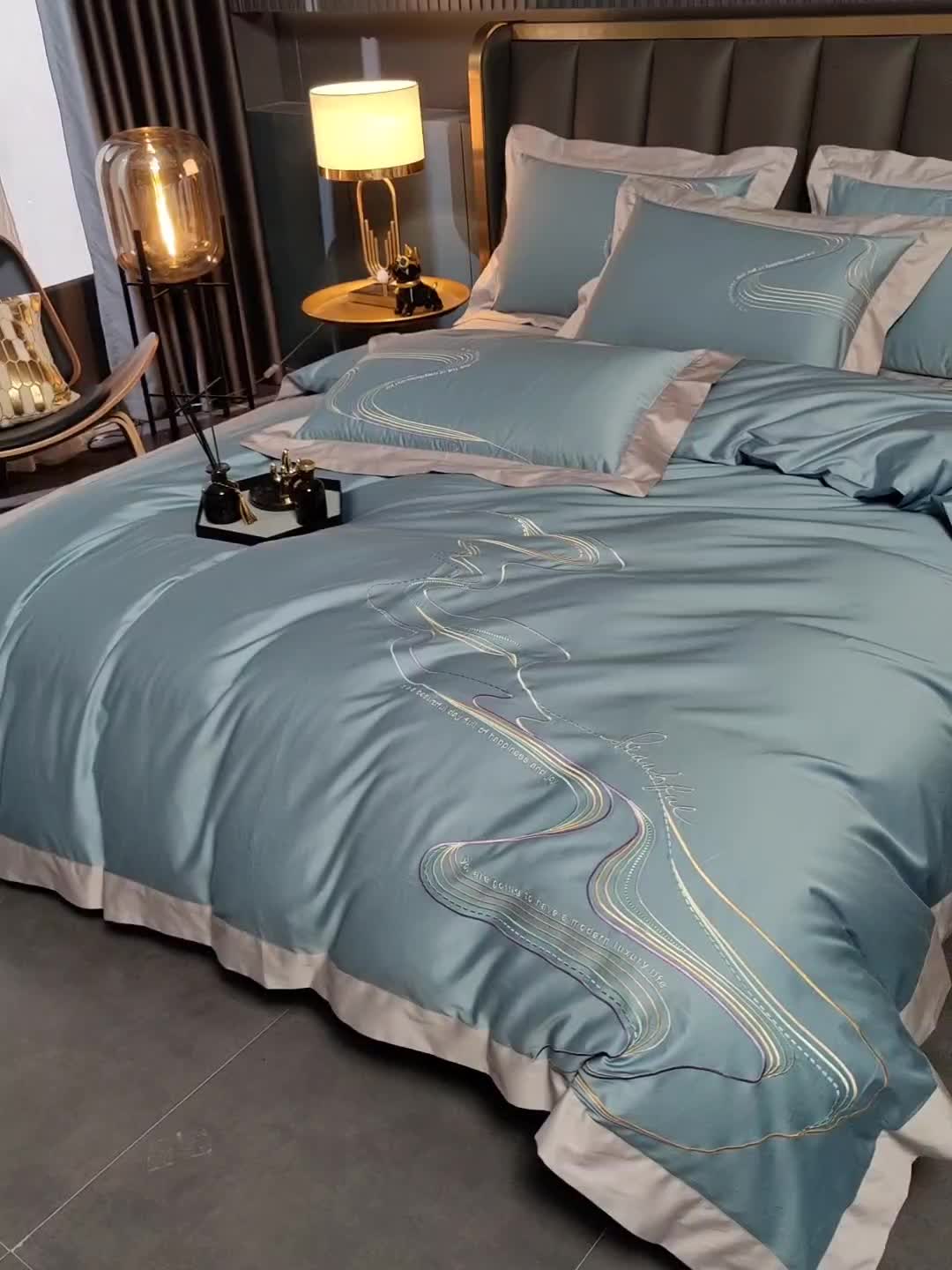 91家纺网 家纺一手货源 找家纺 瑞驰家纺 长绒棉绣花四件套-锦瑟 魅影蓝