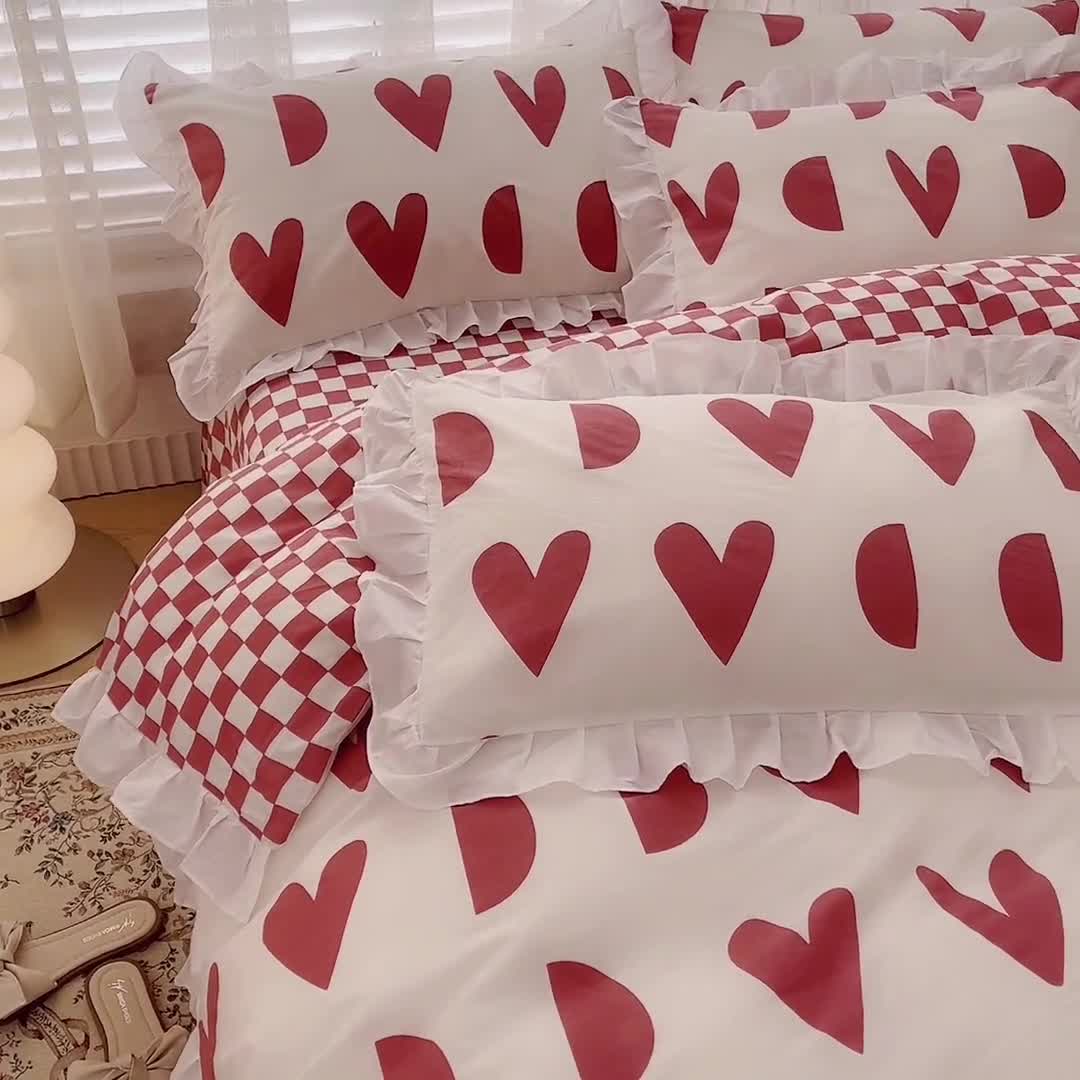 91家纺网 家纺一手货源 找家纺 卡普 直播供货全棉韩版荷叶花边四件套三件套学生床笠款 原野-红