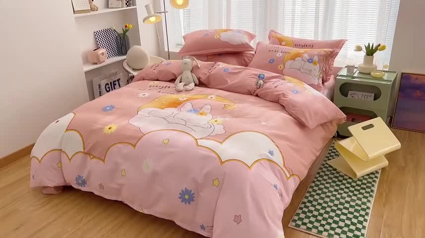 91家纺网 家纺一手货源 找家纺 金爱家 2023新款大版纯棉卡通四件套 小玉兔