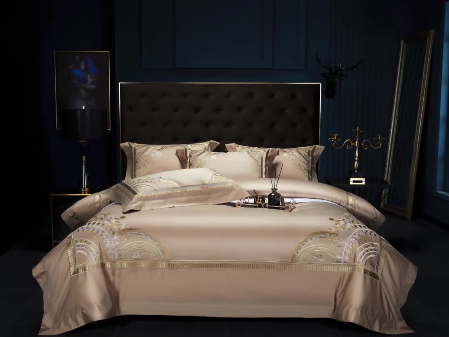 91家纺网 家纺一手货源 找家纺 缔缦家纺 2022新款100s长绒棉刺绣系列四件套-巴赫 卡其