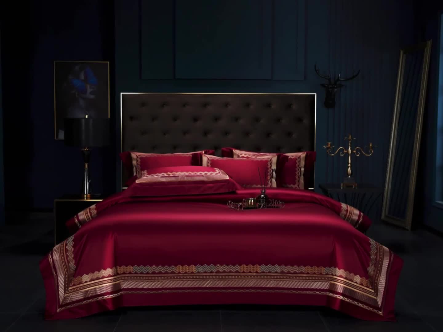 91家纺网 家纺一手货源 找家纺 缔缦家纺 2022新款100s澳棉刺绣系列四件套-恋曲 酒红