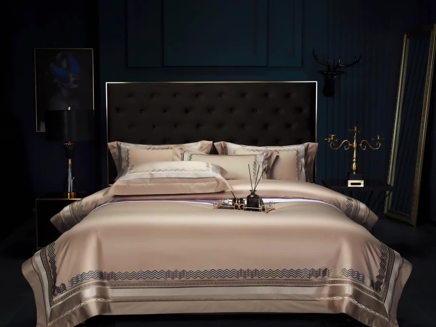 91家纺网 家纺一手货源 找家纺 缔缦家纺 2022新款100s澳棉刺绣系列四件套-恋曲 卡其