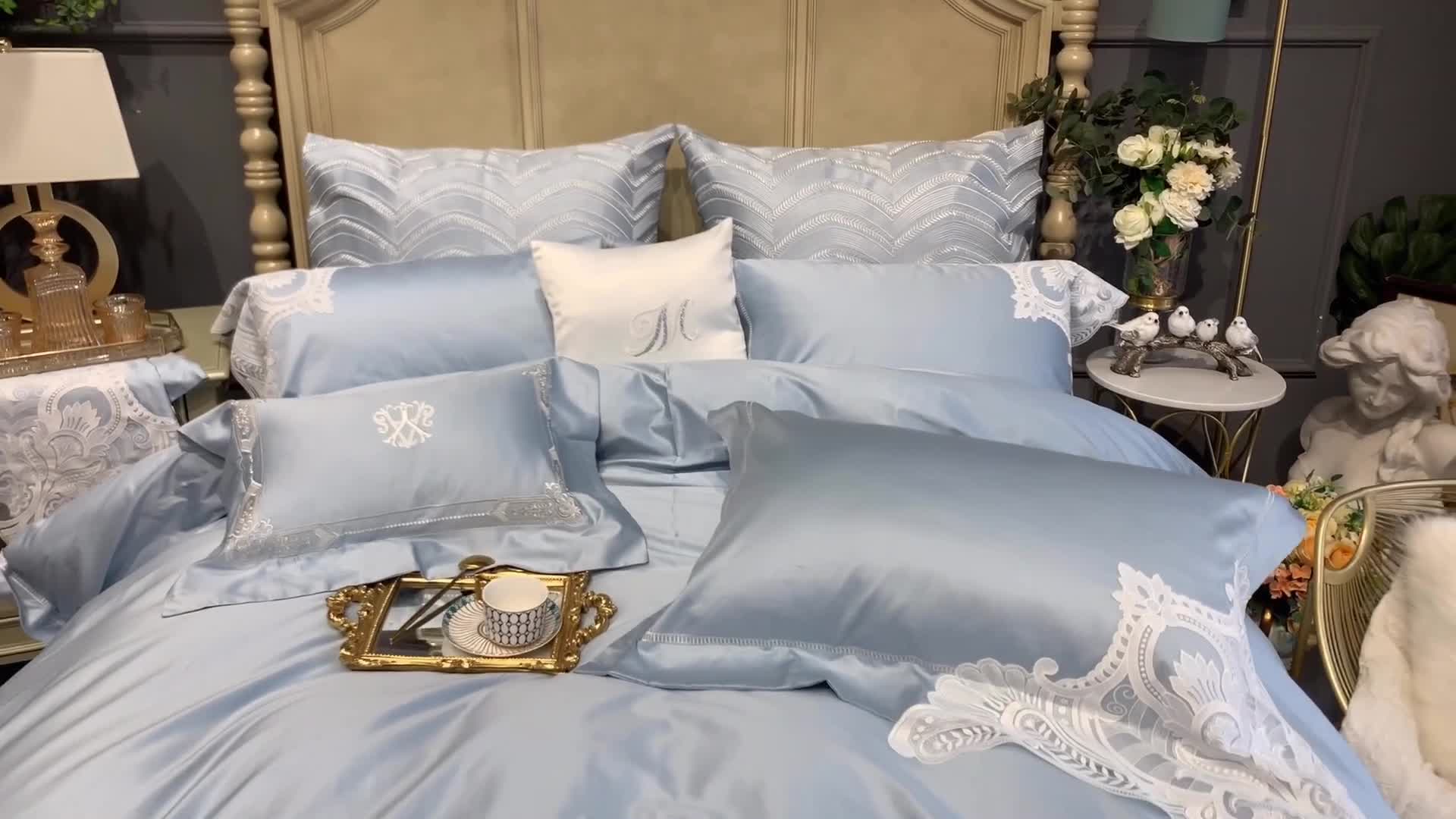 91家纺网 家纺一手货源 找家纺 缔缦家纺 2022新款100支长绒棉蕾丝系列四件套-塞拉 雾霾蓝