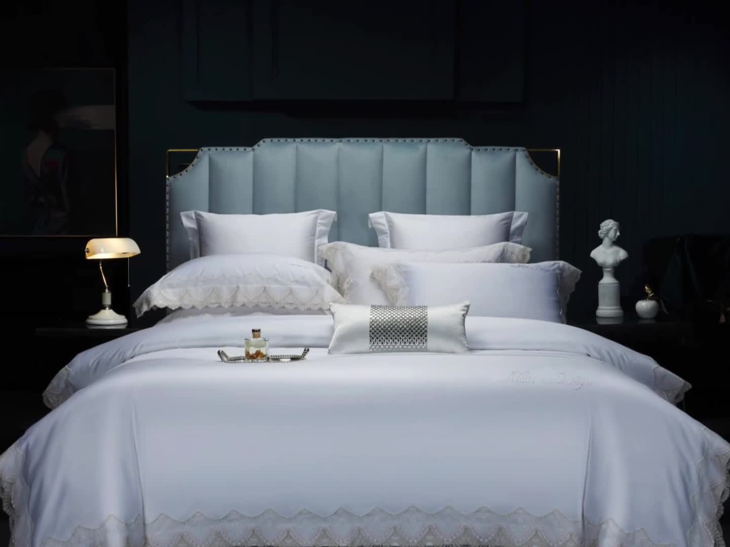 91家纺网 家纺一手货源 找家纺 缔缦家纺 2022新款100支长绒棉蕾丝系列四件套-慕斯 柔白