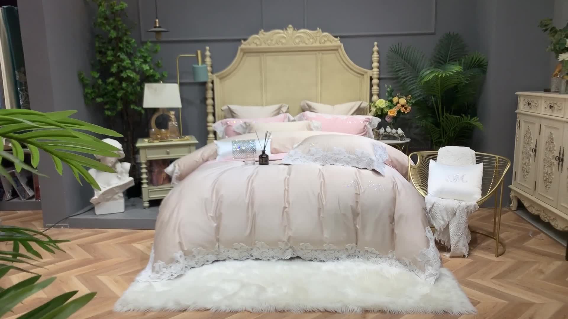 91家纺网 家纺一手货源 找家纺 缔缦家纺 2022新款100支长绒棉蕾丝系列四件套-莎桦 燕麦色