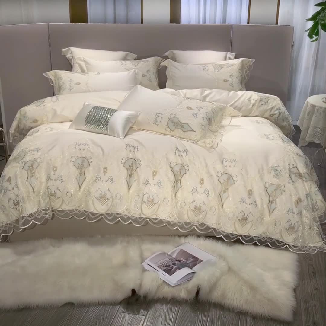 91家纺网 家纺一手货源 找家纺 总缔缦家纺 2022新款100支长绒棉蕾丝系列四件套-西西里