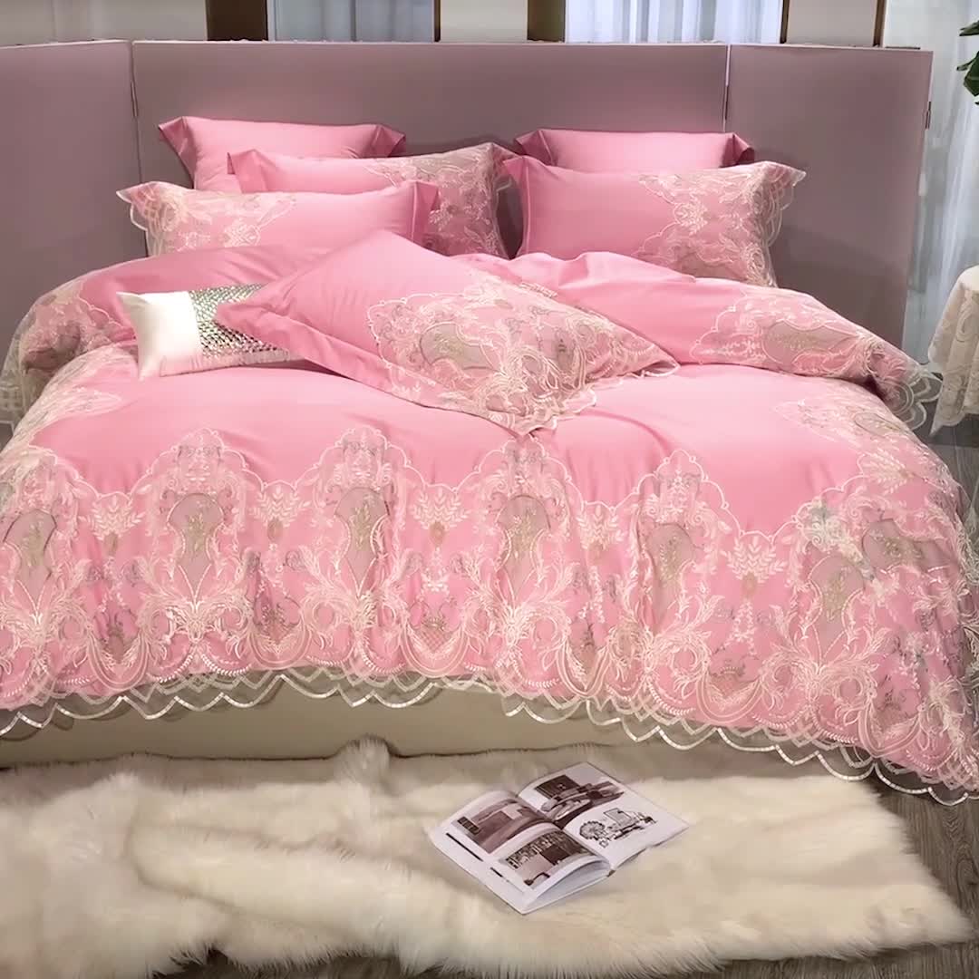 91家纺网 家纺一手货源 找家纺 缔缦家纺 2022新款100支长绒棉蕾丝系列四件套-西西里 碧玉粉