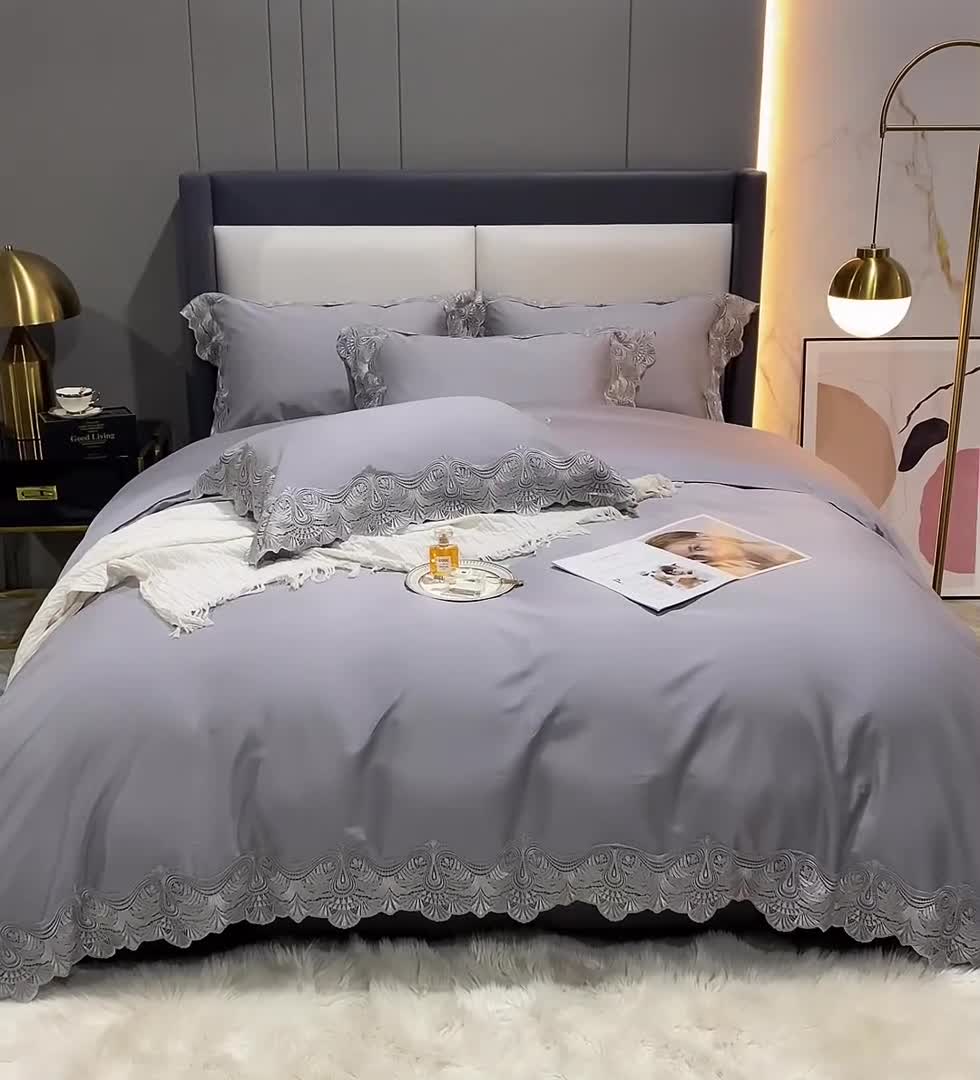 91家纺网 家纺一手货源 找家纺 缔缦家纺 2022新款100支长绒棉蕾丝四件套-夏丽尔公主 银灰