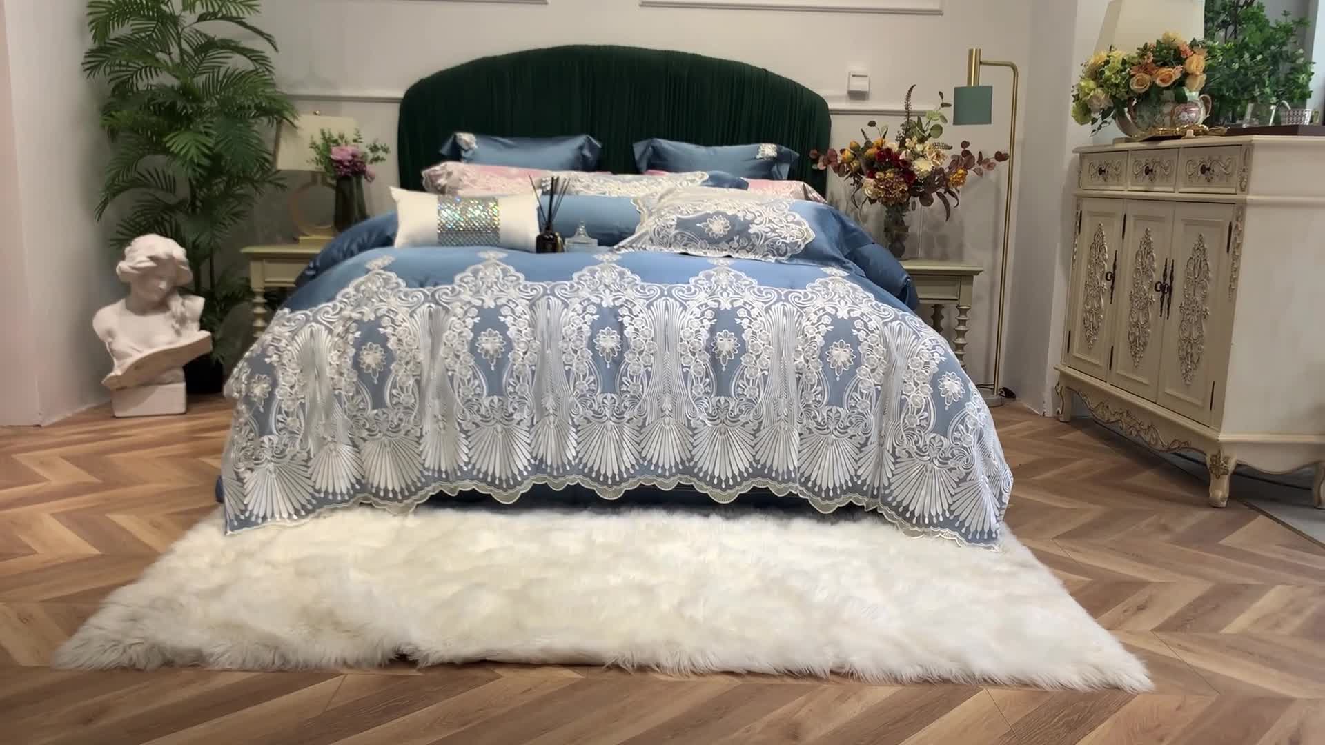 91家纺网 家纺一手货源 找家纺 缔缦家纺 2022新款重磅真丝棉系列四件套-爱丽丝 蓝