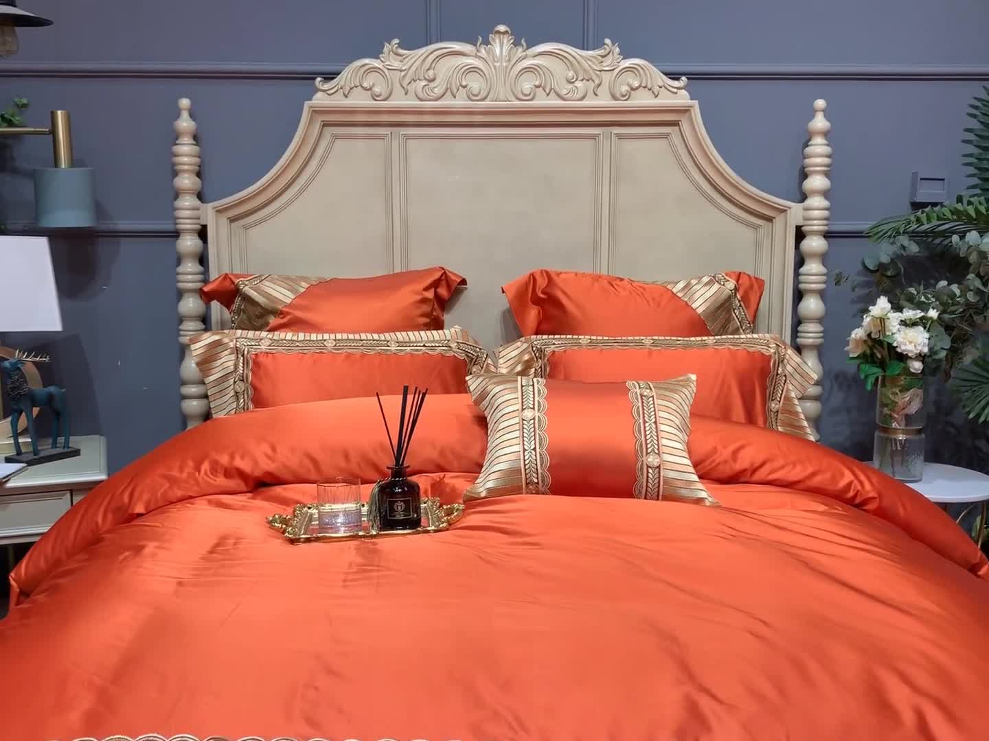 91家纺网 家纺一手货源 找家纺 缔缦家纺 2022新款重磅真丝棉系列四件套-罗马大道 金橘