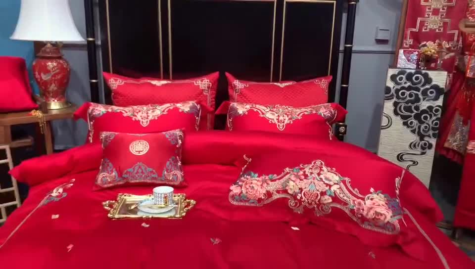 91家纺网 家纺一手货源 找家纺 缔缦 2022新款60s长绒棉婚庆四件套 比翼双飞