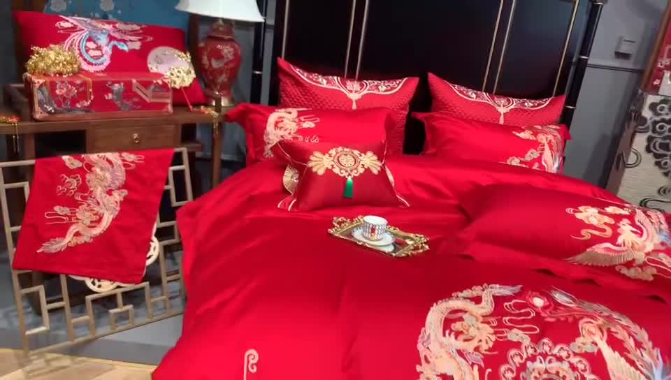 91家纺网 家纺一手货源 找家纺 缔缦 2022新款60s长绒棉婚庆四件套 龙跃凤鸣