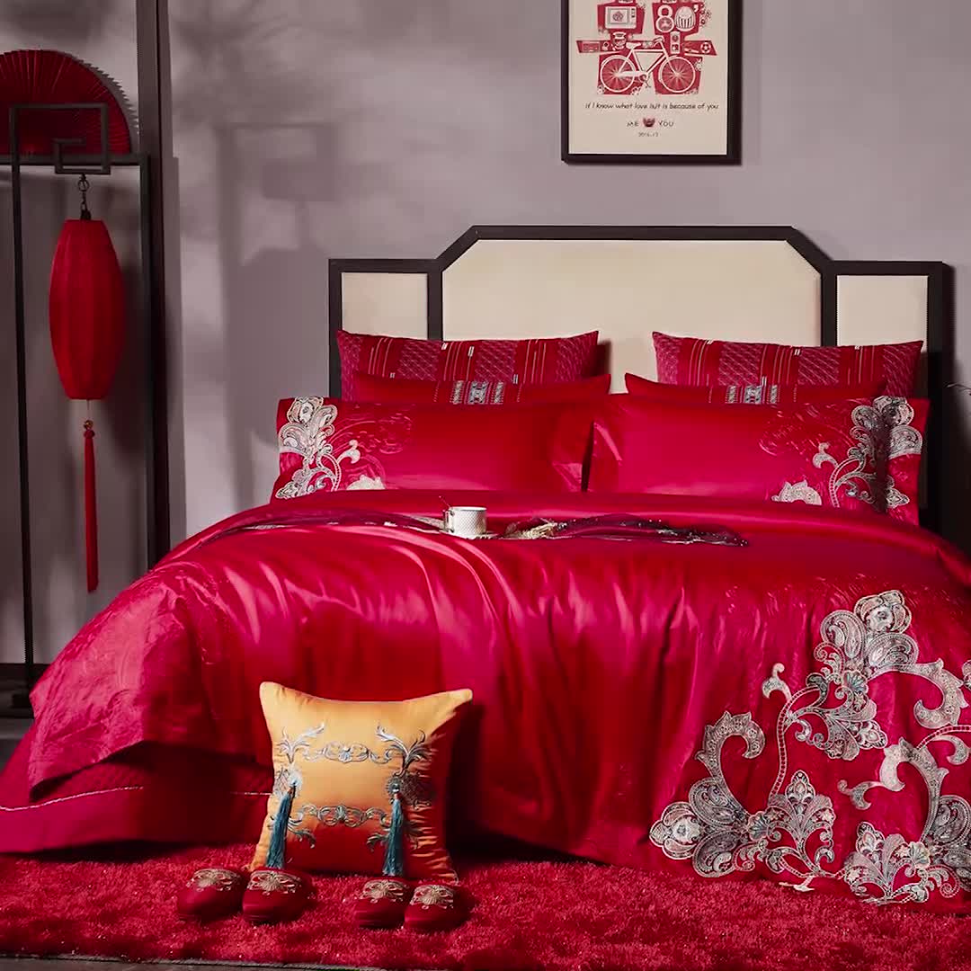 91家纺网 家纺一手货源 找家纺 缔缦 2022新款60s长绒棉婚庆四件套 织云绣霞