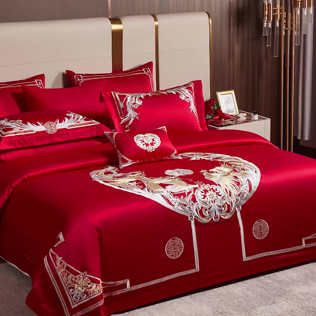 91家纺网 家纺一手货源 找家纺 缔缦 2022新款60s长绒棉婚庆四件套 紫气东来场景2