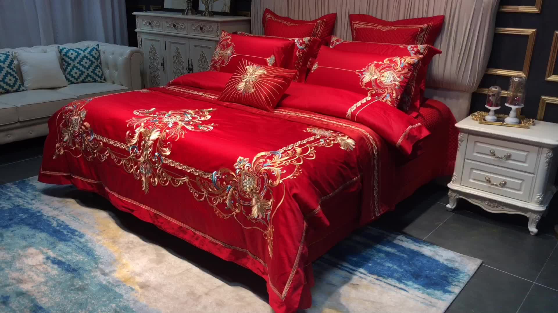 91家纺网 家纺一手货源 找家纺 缔缦 2022新款全棉婚庆系列四件套多件套 金色华尔兹场景2