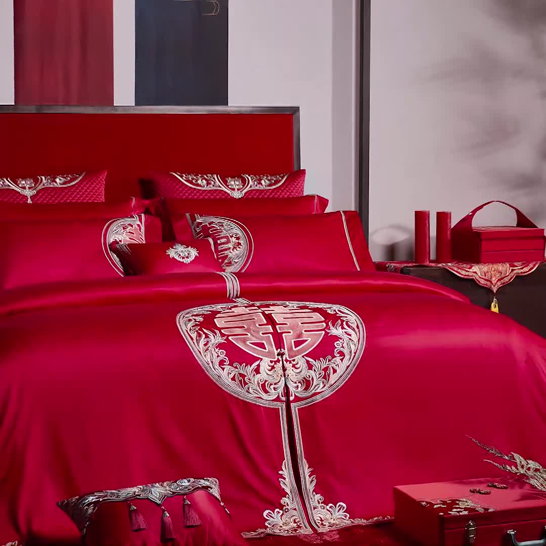 91家纺网 家纺一手货源 找家纺 缔缦 2022新款全棉婚庆系列四件套多件套 喜妆场景1