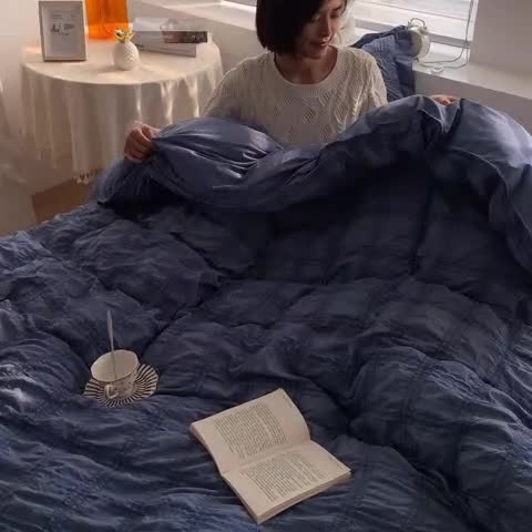 91家纺网 家纺一手货源 找家纺 ab家纺 2023新款泡泡纱水洗棉四件套 泡泡纱蔚蓝