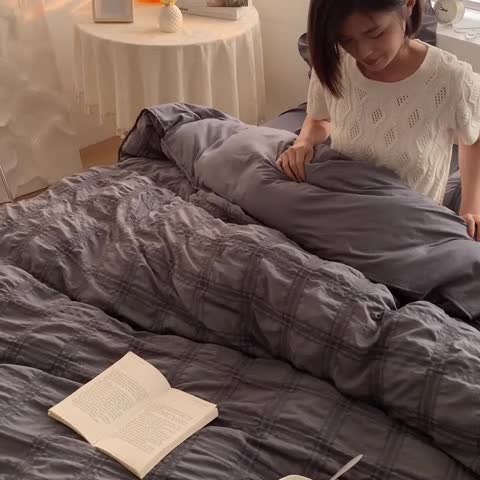 91家纺网 家纺一手货源 找家纺 ab家纺 2023新款泡泡纱水洗棉四件套 泡泡纱高级灰