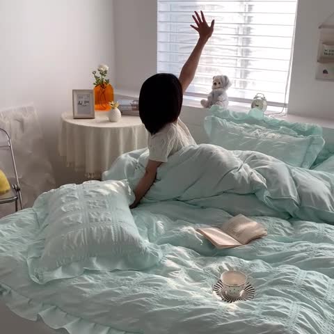 91家纺网 家纺一手货源 找家纺 ab家纺 2023新款泡泡纱水洗棉四件套 泡泡纱薄荷