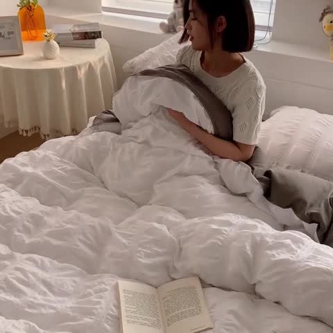 91家纺网 家纺一手货源 找家纺 ab家纺 2023新款泡泡纱水洗棉四件套 泡泡纱白灰