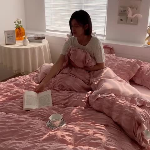 91家纺网 家纺一手货源 找家纺 ab家纺 2023新款泡泡纱水洗棉四件套 泡泡纱浅豆沙