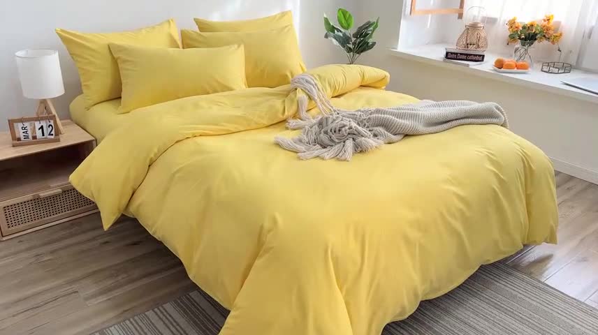 91家纺网 家纺一手货源 找家纺 极梦2025新款40S纯棉长绒棉纯色全棉四件套喷气三件套 亮黄