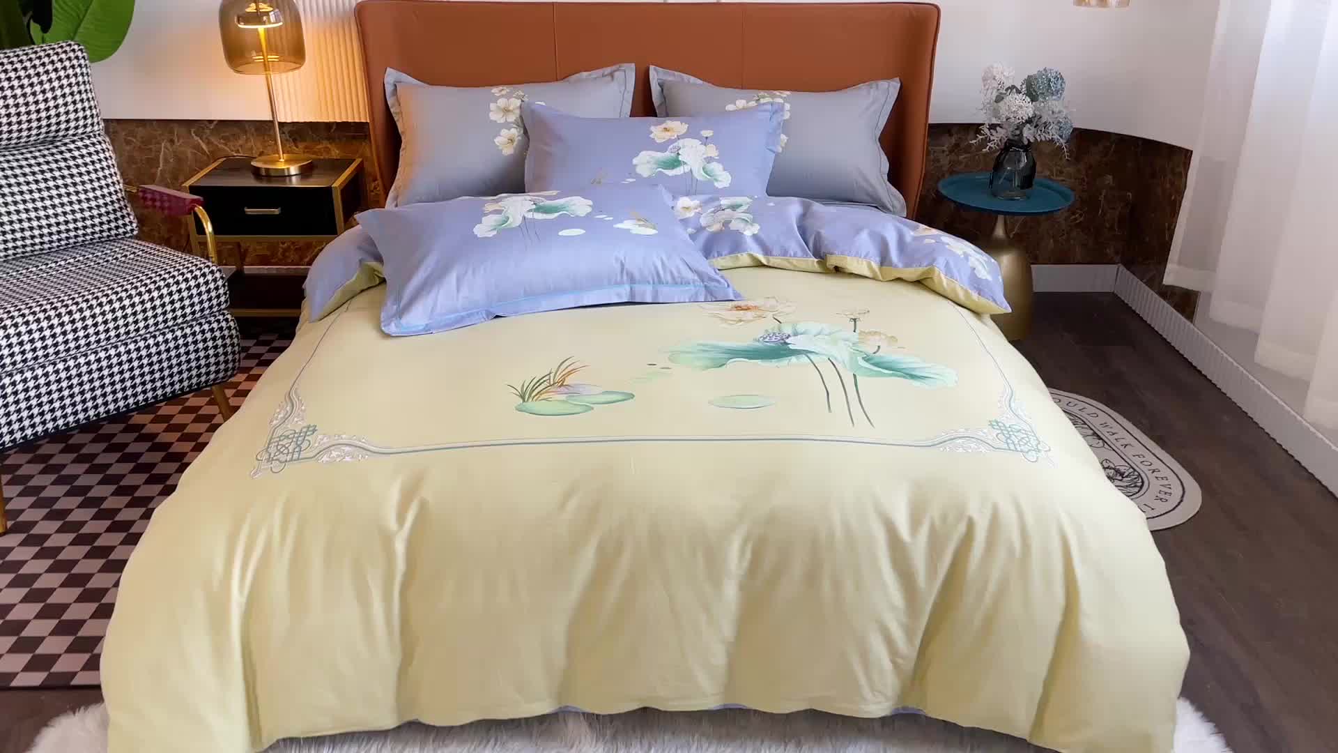 91家纺网 家纺一手货源 找家纺 金爱家 2023新款大版13372全棉花卉系列四件套 湖光春晓黄