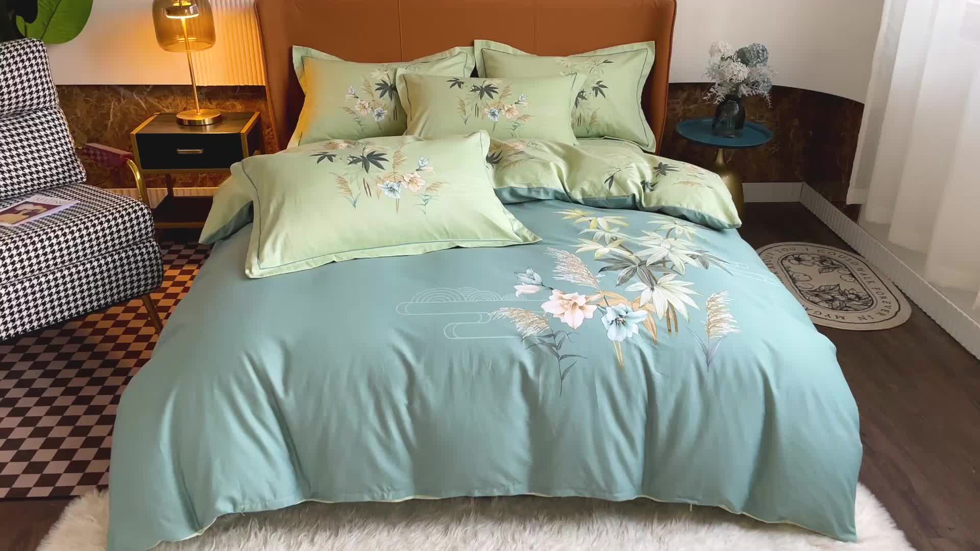 91家纺网 家纺一手货源 找家纺 金爱家 2023新款大版13372全棉花卉系列四件套 莱茵春色绿